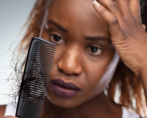 Hair loss example, woman looking a hair on comb.